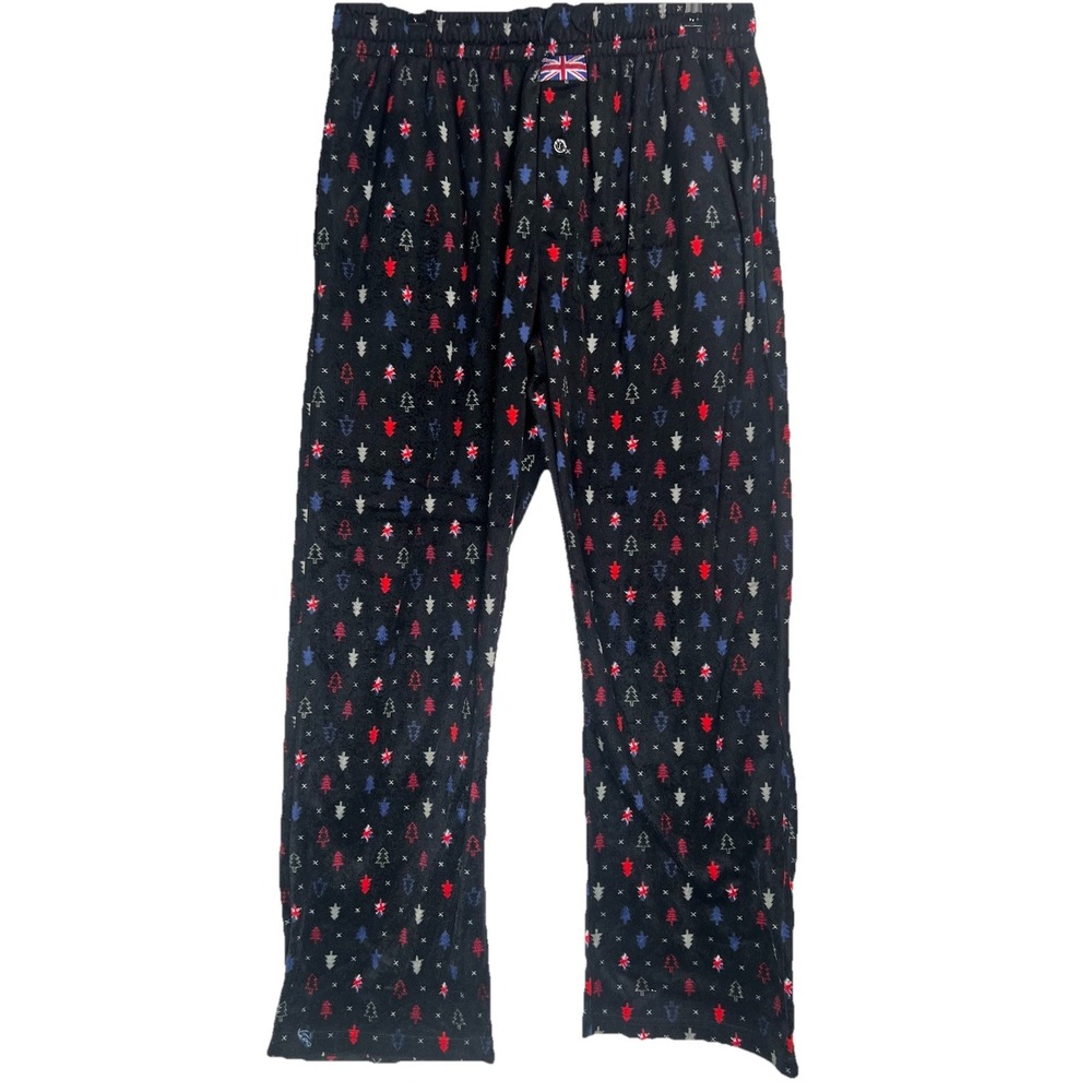 English Laundry Mens XL Pajama Pants Black Fleece Christmas Tree Union Jack Soft